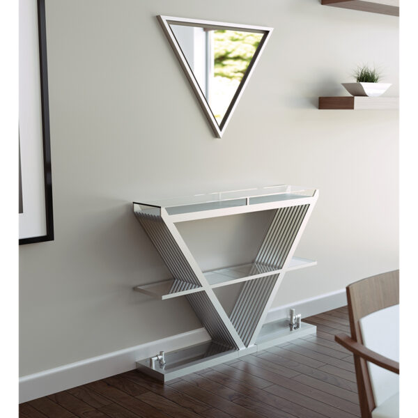 Triangular radiator for lounge with shelf and mirror